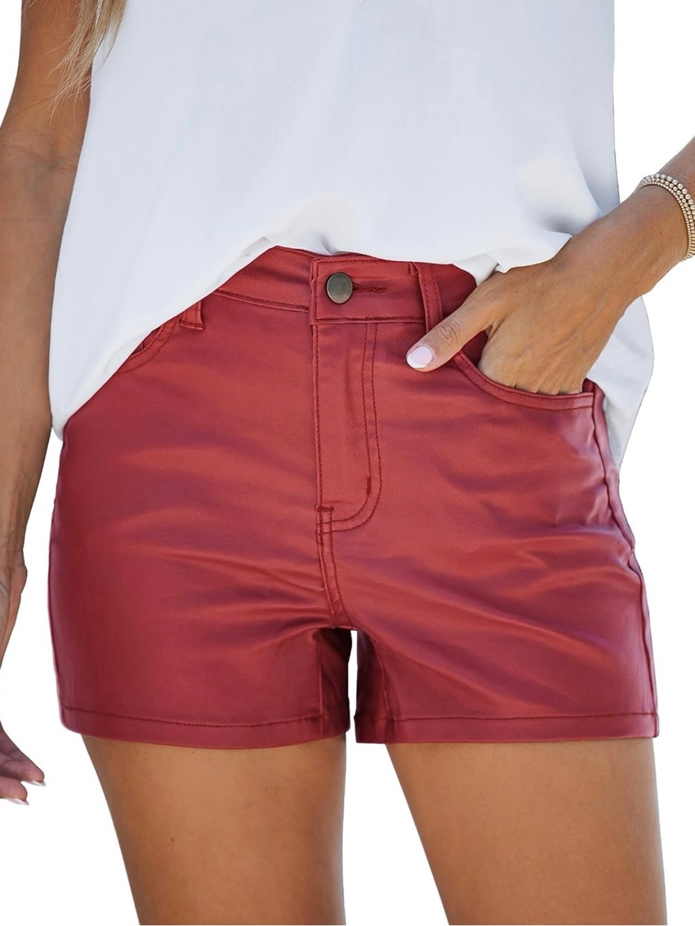 High-Rise Faux Leather Shorts in Red